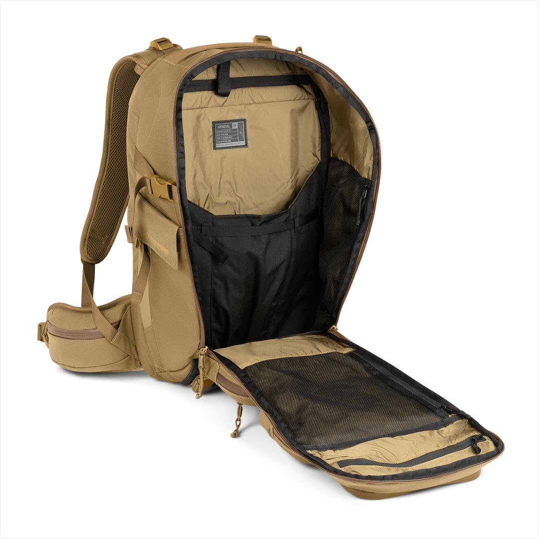 35L Mission Backpack (Coyote Brown) with open compartment showing Coyote interior on a white background / Coyote Brown