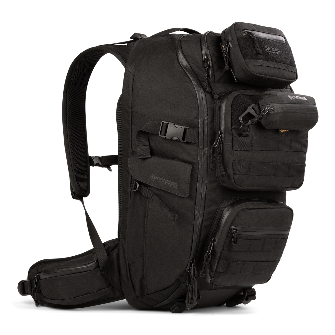 Grayl® Mission Expanse Backpack - 35L / Flat Molle Pouch & Pod Pouch / Standard View / Covert Black