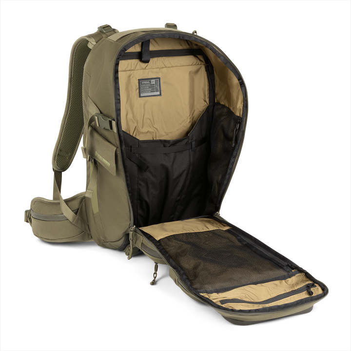 35L Mission Backpack (Olive Drab) with open compartment showing Coyote interior on a white background / Olive Drab