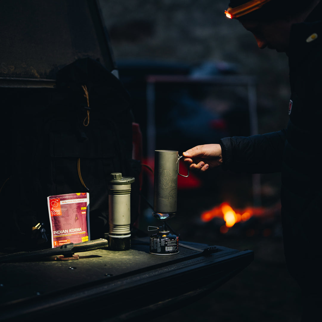 Fully adjustable flame allows the Grayl Ti Camp Stove to simmer or boil for easy camp food.