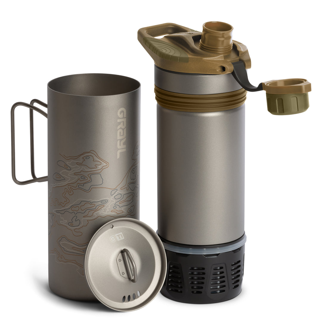 Grayl GeoPress Titanium Filter and Purifier Water Bottle PLUS Cook Lid – 24 Fluid Ounces / Covert Edition / Separated View / Coyote Brown