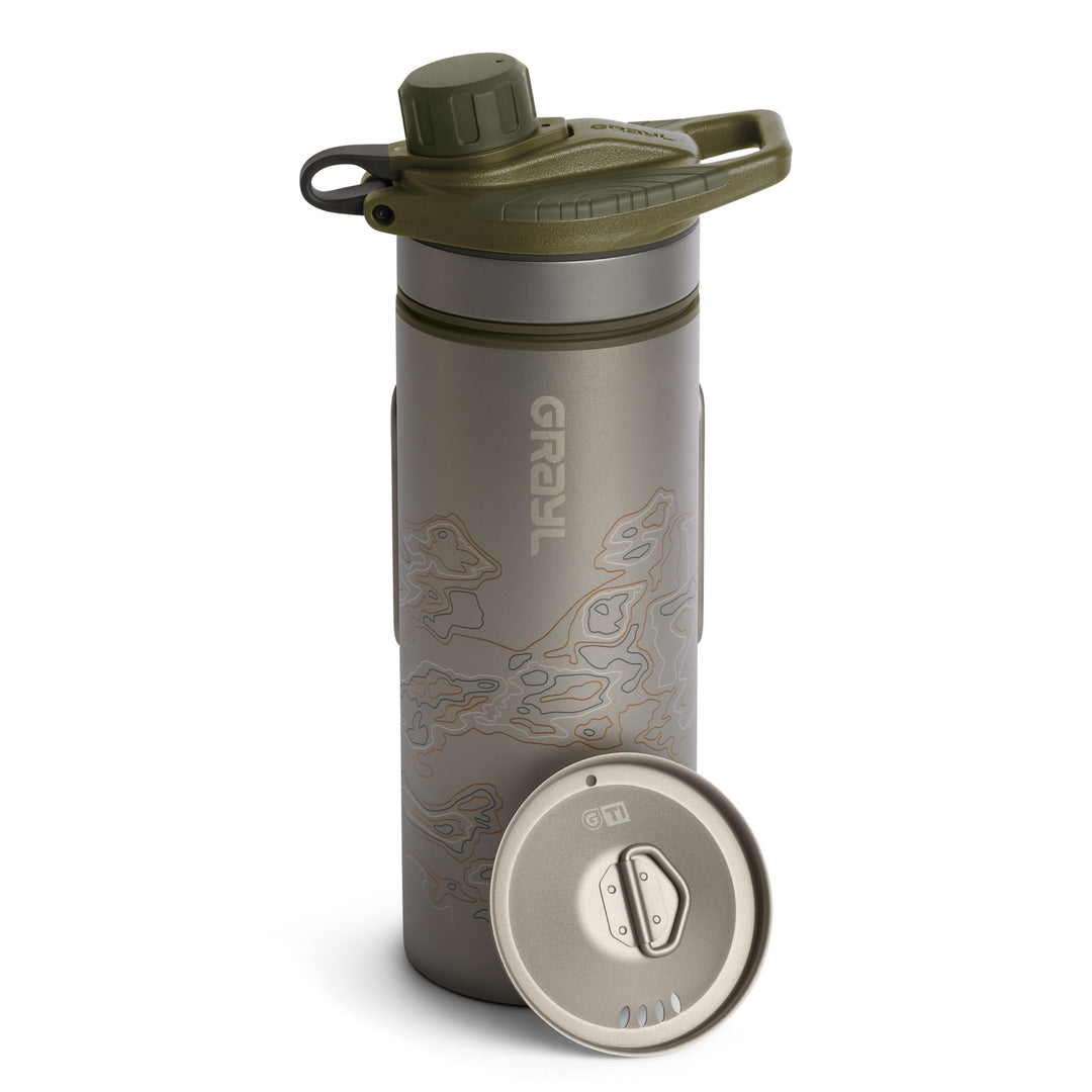 Grayl GeoPress Titanium Filter and Purifier Water Bottle PLUS Cook Lid – 24 Fluid Ounces / Covert Edition / Standard View / Olive Drab