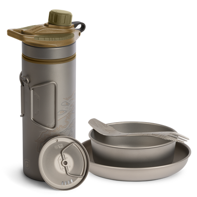 Grayl GeoPress Titanium Filter and Purifier Water Bottle PLUS Strainer Lid – 24 Fluid Ounces & Dining Set/ Cart View / Coyote Brown