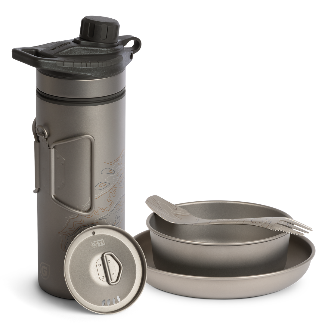 Grayl GeoPress Titanium Filter and Purifier Water Bottle PLUS Strainer Lid – 24 Fluid Ounces & Dining Set/ Cart View / Covert Black