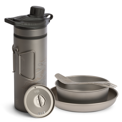 Grayl GeoPress Titanium Filter and Purifier Water Bottle PLUS Strainer Lid – 24 Fluid Ounces & Dining Set/ Cart View / Covert Black