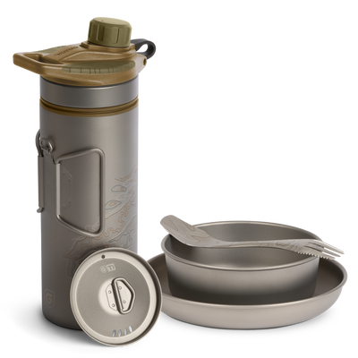 Grayl GeoPress Titanium Filter and Purifier Water Bottle PLUS Strainer Lid – 24 Fluid Ounces & Dining Set/ Cart View / Coyote Brown