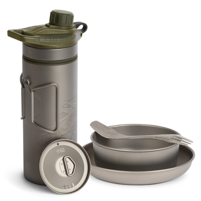 Grayl GeoPress Titanium Filter and Purifier Water Bottle PLUS Strainer Lid – 24 Fluid Ounces & Dining Set/ Cart View / Olive Drab