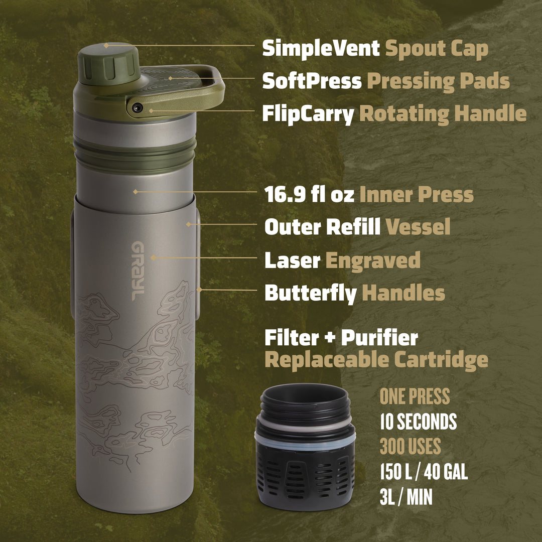 Grayl UltraPress Titanium Filter and Purifier Water Bottle – 16.9 Fluid Ounces / Covert Edition / Parts View / Olive Drab