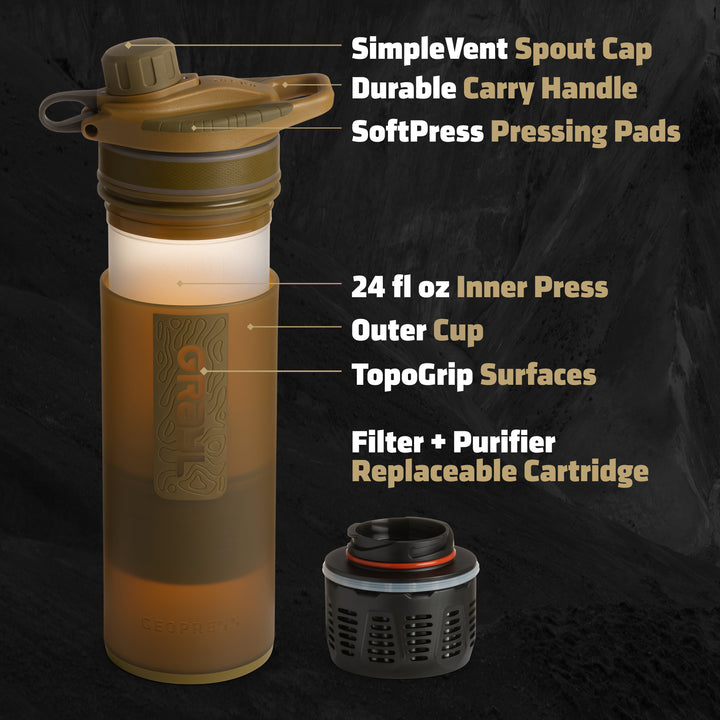 Best top rated Grayl GeoPress Filter and Purifier Water Bottle - 24 Fluid Ounces / Covert Edition / Parts View / Coyote Brown