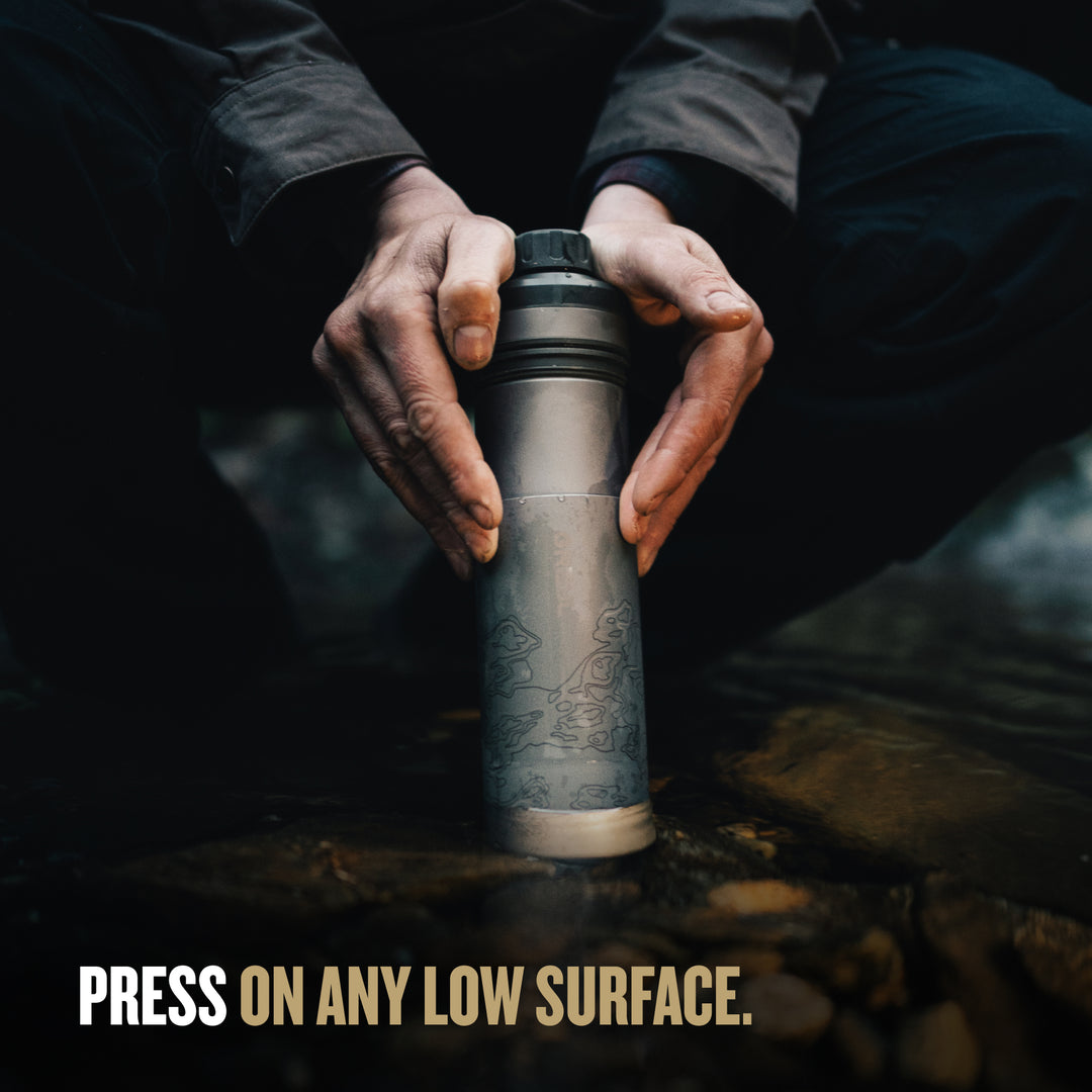 Grayl UltraPress Titanium Filter and Purifier Water Bottle – 16.9 Fluid Ounces / Covert Edition / Press View / Coyote Brown