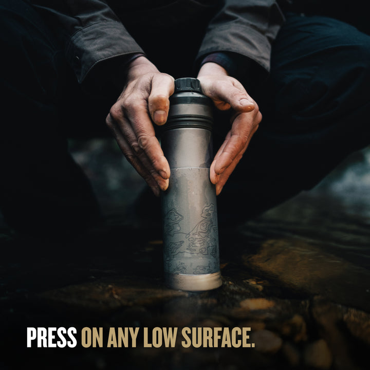Grayl UltraPress Titanium Filter and Purifier Water Bottle – 16.9 Fluid Ounces / Covert Edition / Press View / Olive Drab