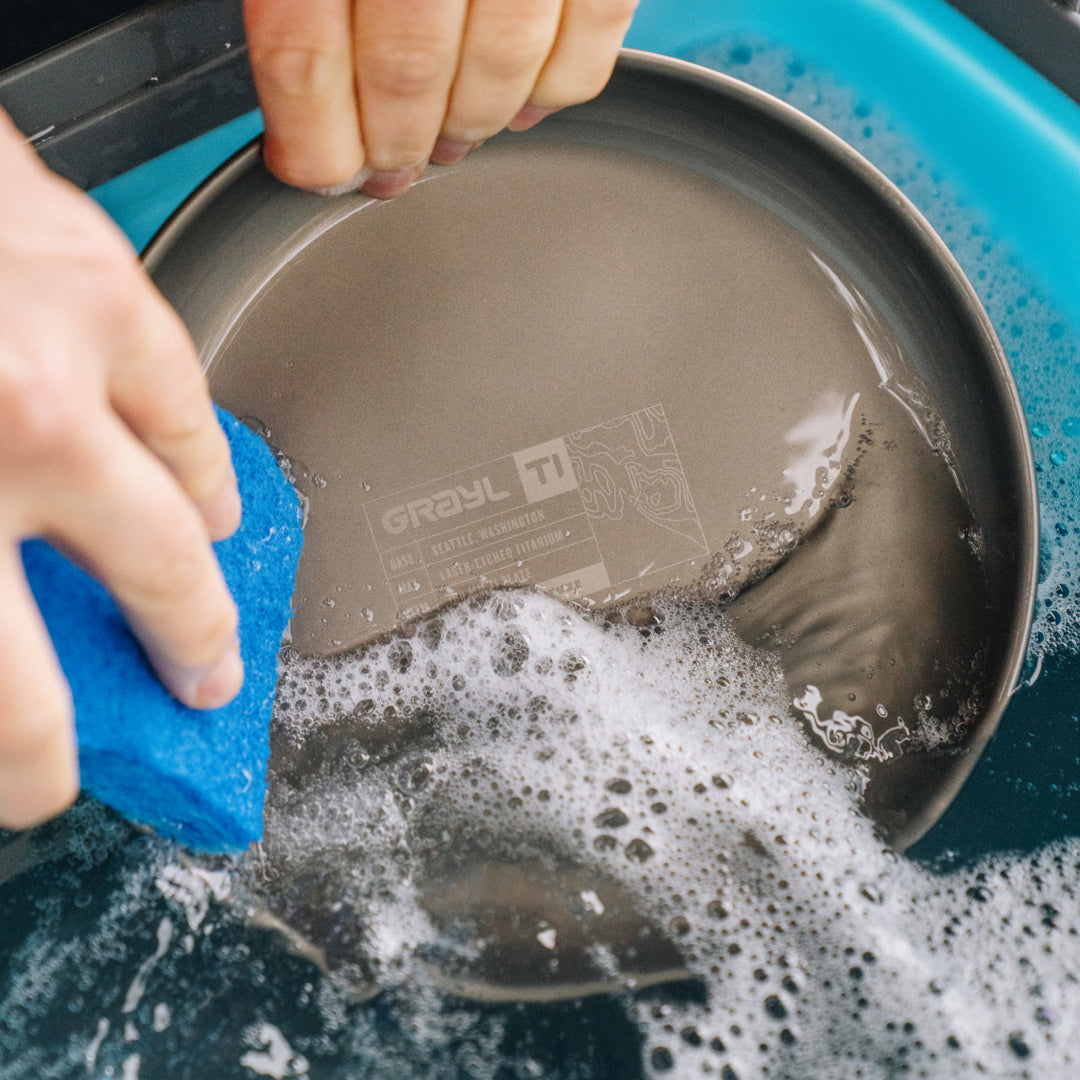 Work in the suds on our Grayl Ti Plate. Durable laser-etching stands up to heavy cleaning and premium finishing makes it a breeze to clean.