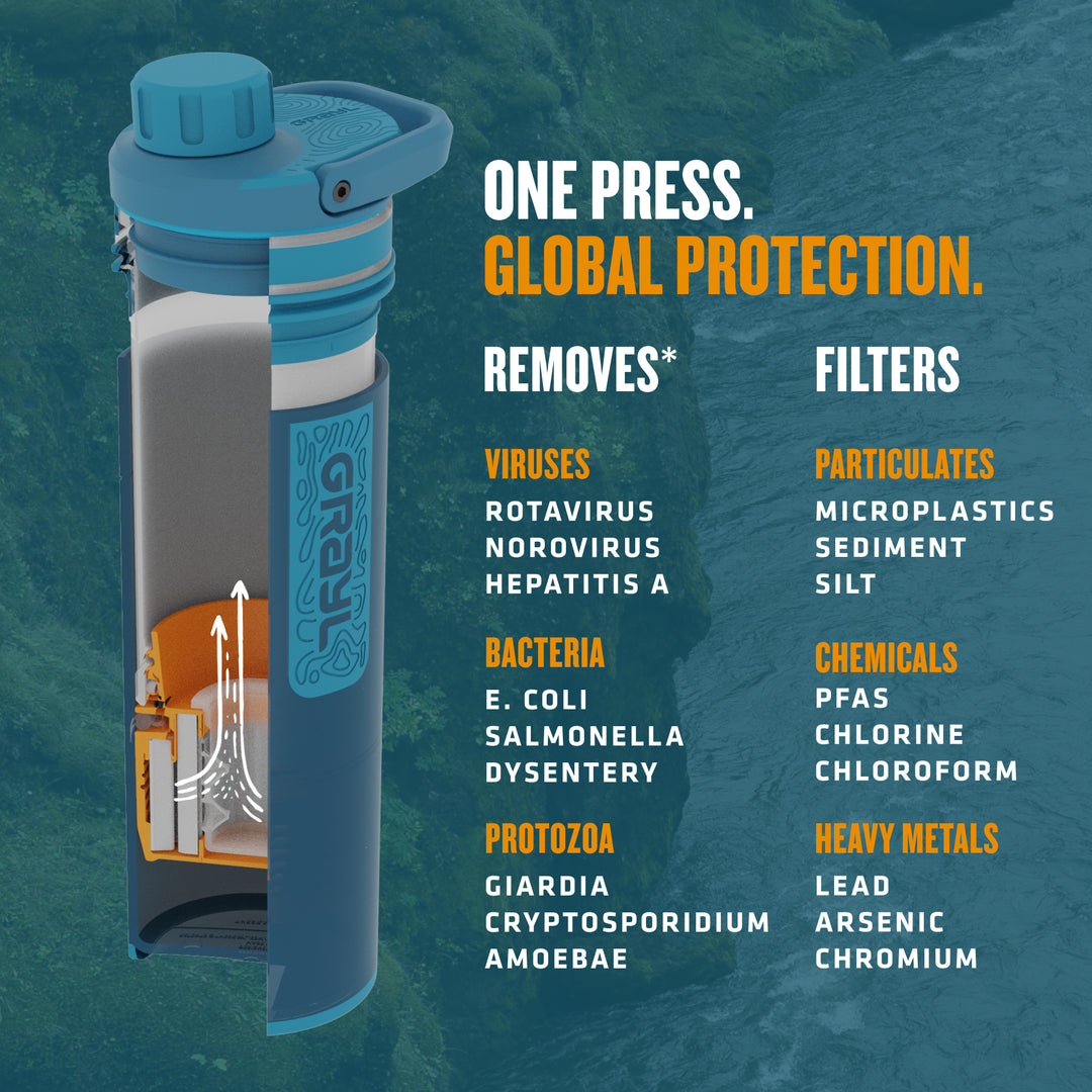 Best top rated Grayl UltraPress Filter and Purifier Water Bottle – 16.9 Fluid Ounces / Nature Edition / Virus View / Forest Blue