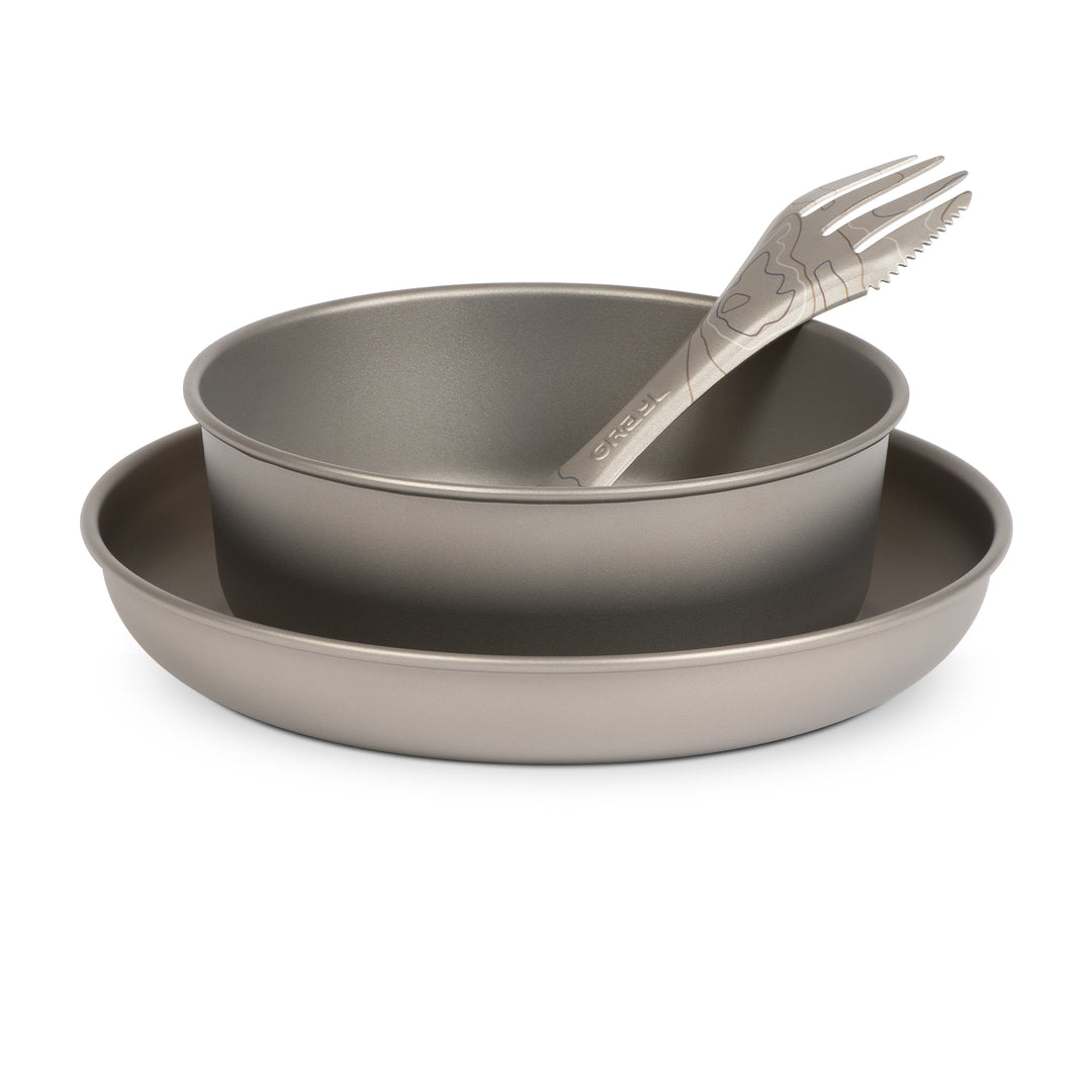 Grayl Ti Plate (170mm), Ti Bowl (138mm) and Spork inside (170mm) / Side Nested View 