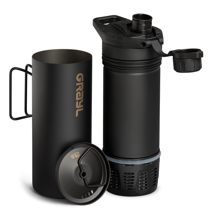 Grayl GeoPress Titanium Filter and Purifier Water Bottle – 24 Fluid Ounces / Exploded View / Plus Cook Lid / Black Edition