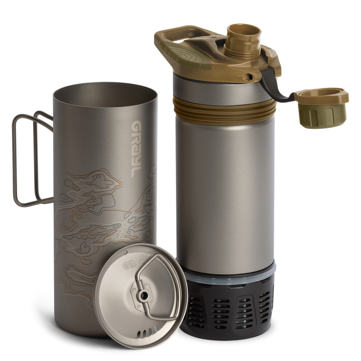 Grayl GeoPress Titanium Filter and Purifier Water Bottle PLUS Strainer Lid – 24 Fluid Ounces / Separated View / Plus Cook Lid / Coyote Brown