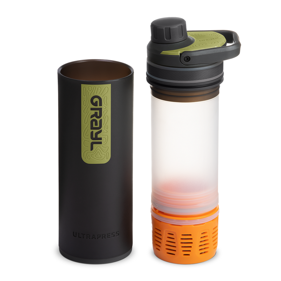 Best top rated Grayl UltraPress Filter and Purifier Water Bottle – 16.9 Fluid Ounces / Nature Edition / Separated View / Black Camo