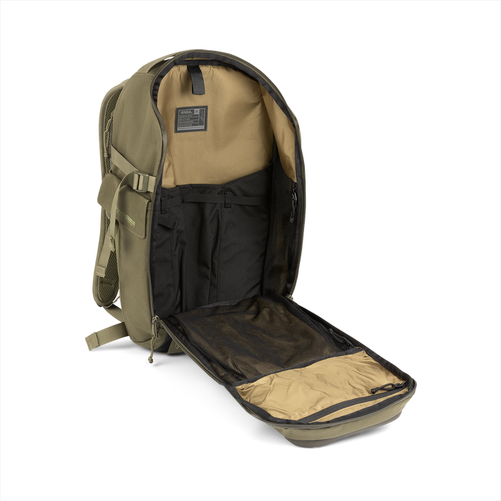 20L Mission Daypack (Olive Drab) with open compartment showing Coyote interior on a white background / Olive Drab