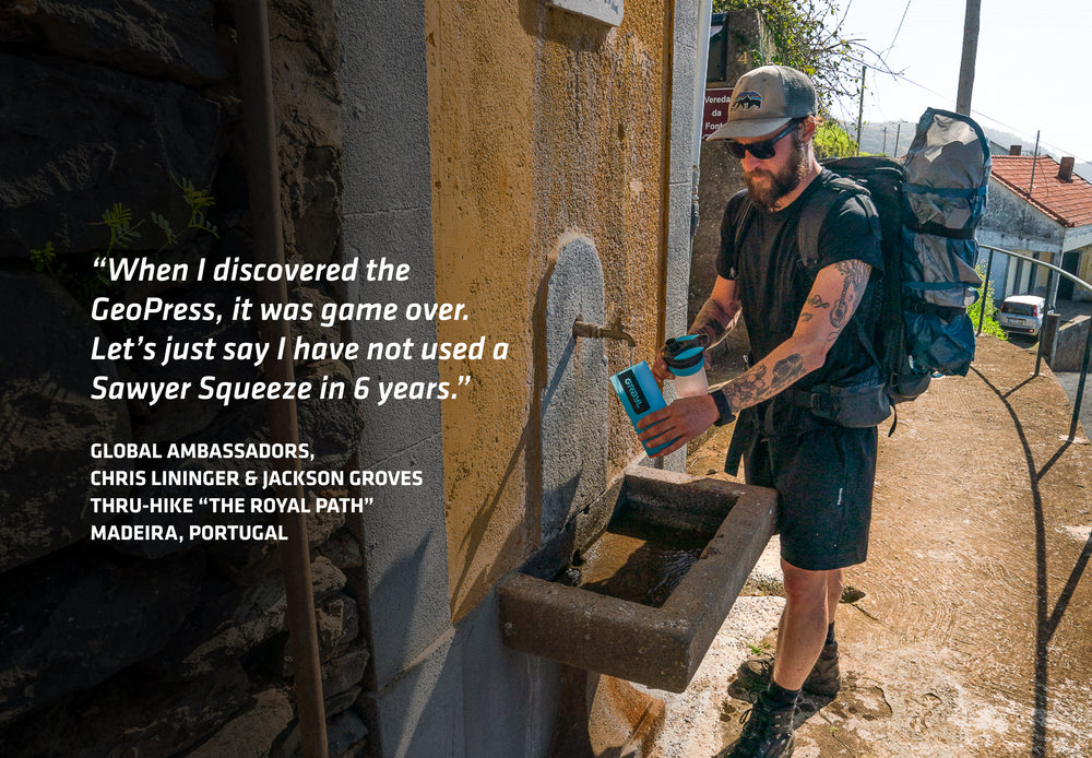 Ambassador Chris Lininger filling up at a town fountain in Madeira, Portugal as he thru-hikes around the island.