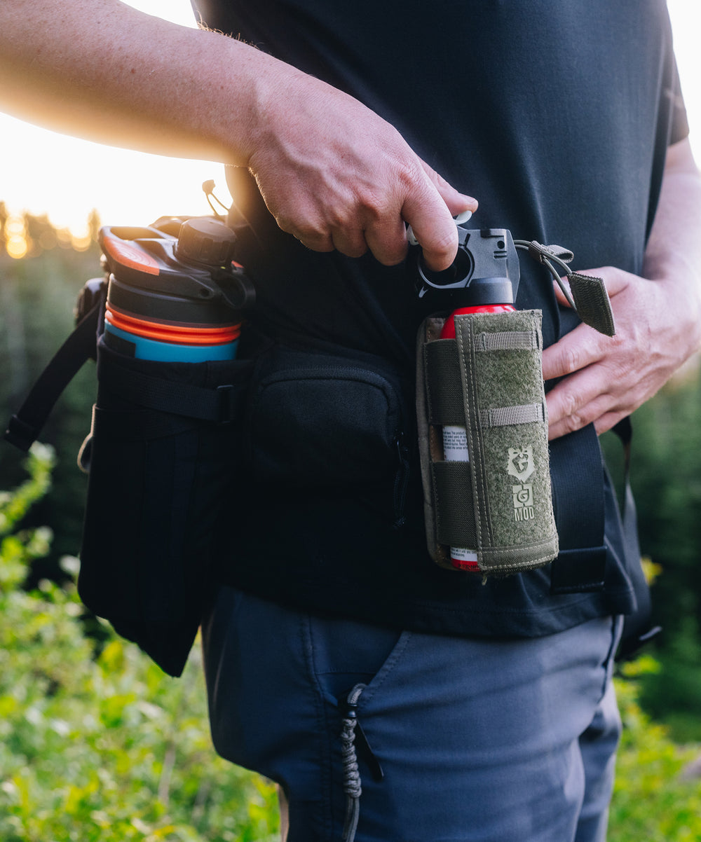 Bear Spray Pouch on hip pack waist belt.