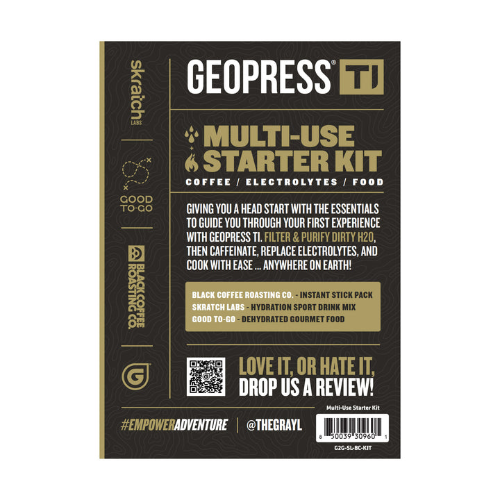 Multi-use starter kit of a coffee instant stick pack, hydration sport drink mix, and dehydrated gourmet food. To give you a head start with the essentials for your Geopress Titanium.