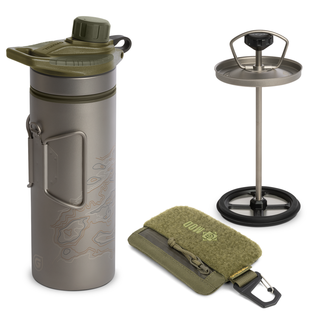 GRAYL® Coffee titanium brewing kit with a purifier, press filter, and travel pouch / Olive Drab