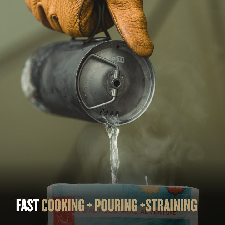 GeoPress® Titanium Pouring Hot Water into Dehydrated Food / Plus Cook Lid / Covert Black / Olive Drab / Coyote Brown