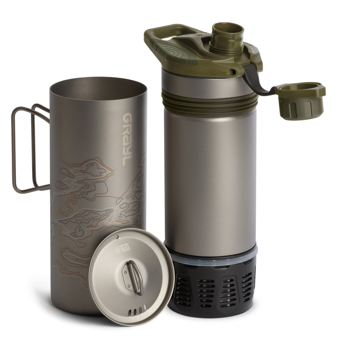 Grayl GeoPress Titanium Filter and Purifier Water Bottle PLUS Cook Lid – 24 Fluid Ounces / Covert Edition / Separated View / Olive Drab