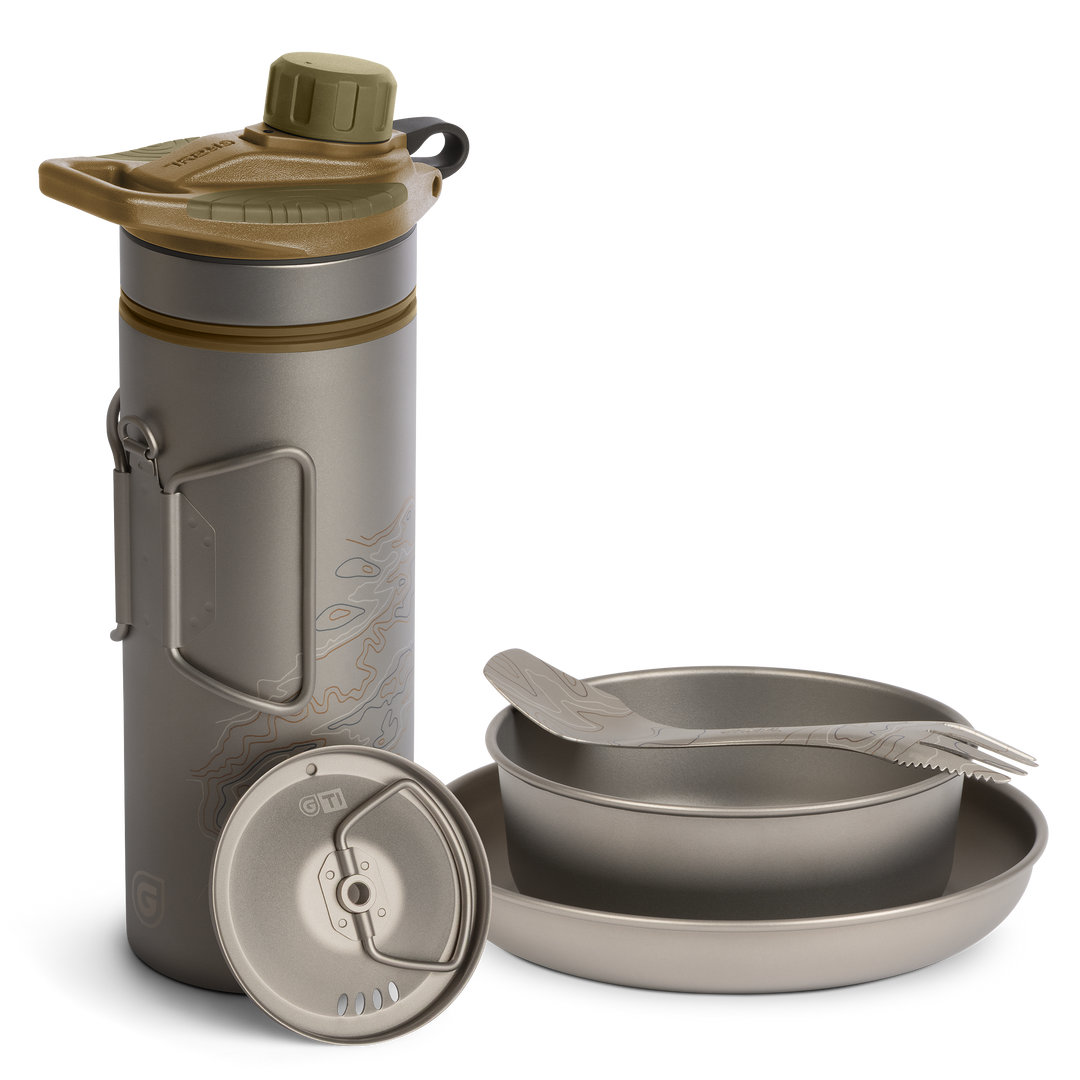 Grayl GeoPress Titanium Filter and Purifier Water Bottle PLUS Strainer Lid – 24 Fluid Ounces & Dining Set/ Cart View / Coyote Brown