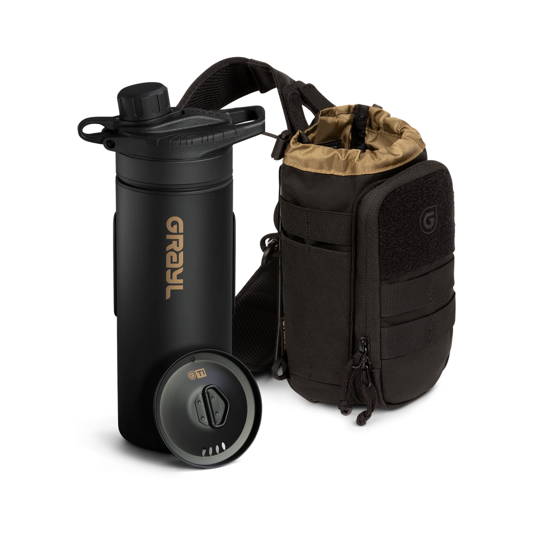 GeoPress Titanium "Black Edition" plus Cook Lid bundled with a black Mission Bottle Sling on a white background