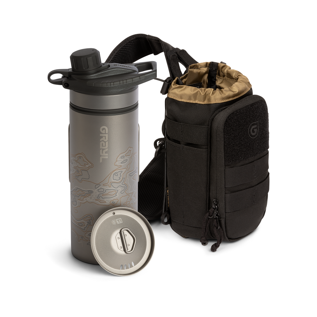 GeoPress Titanium plus Cook Lid bundled with a black Mission Bottle Sling on a white background