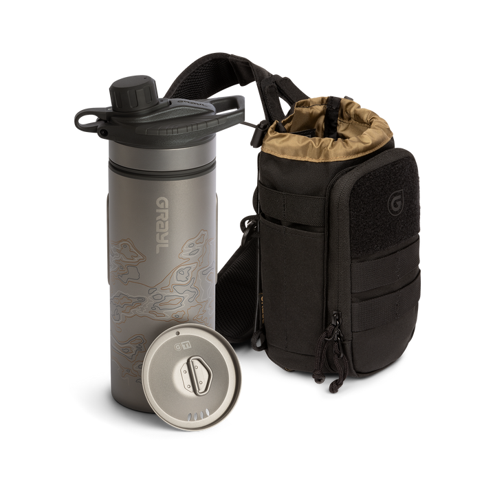 GeoPress Titanium plus Cook Lid bundled with a black Mission Bottle Sling on a white background