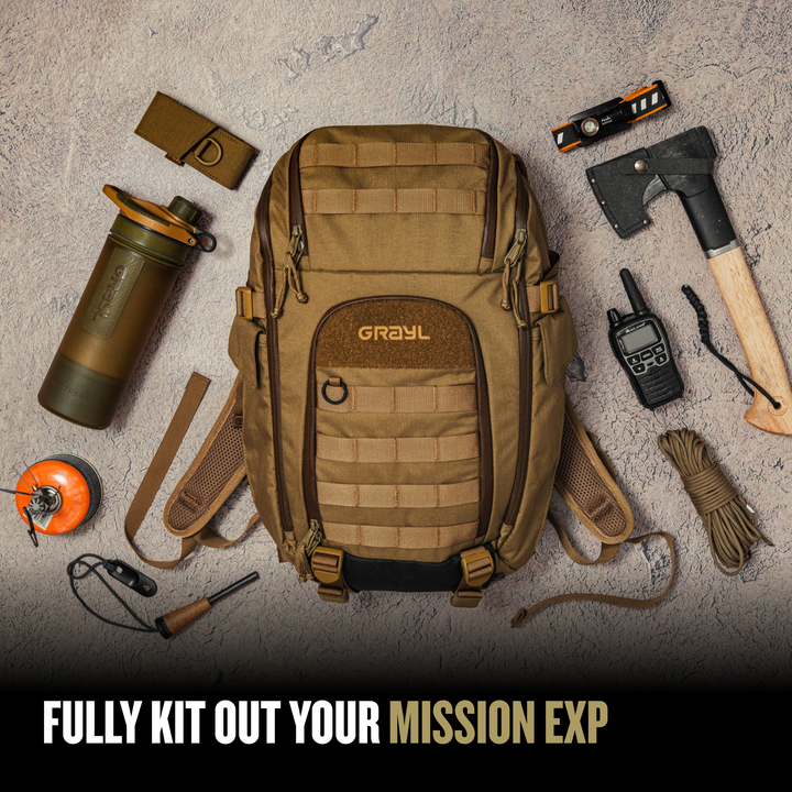 Grayl® Mission Expanse Backpack - 25L / Fully Kit Out Your Mission EXP with GeoPress Stove Firestarter Hatchet Radio and Headlamp / Covert Black / Coyote Brown / Olive Drab / Wander Blue