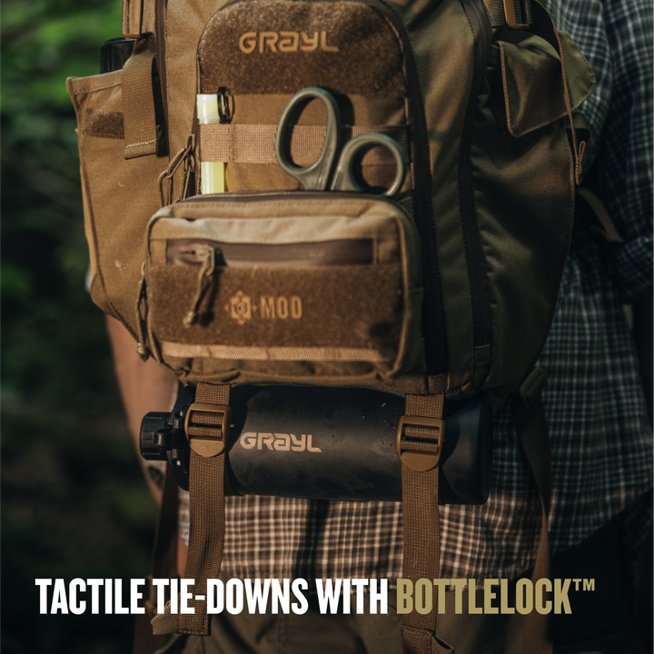 Grayl® Mission Expanse Backpack - 25L / Tie-Downs with GeoPress Titanium Black Edition via BottleLock® / Covert Black / Coyote Brown / Olive Drab / Wander Blue