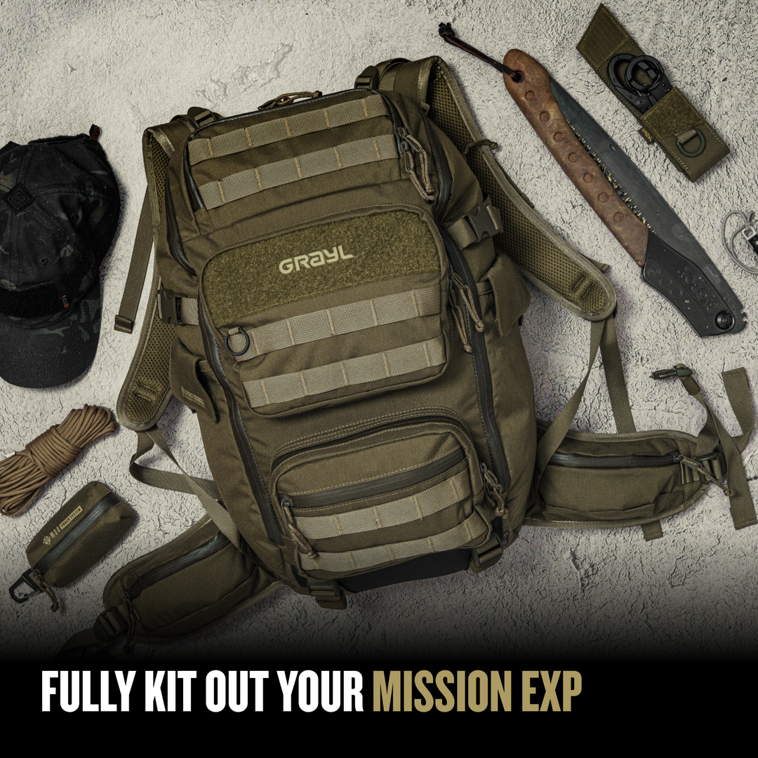 Grayl® Mission Expanse Backpack - 35L / Fully Kit Out Your Pack with Sun Hat Paracord Tree Saw Utility Knife / Covert Black / Coyote Brown / Olive Drab / Wander Blue