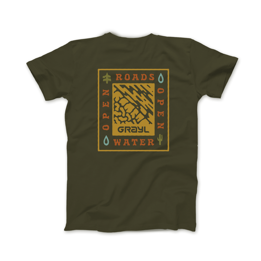 Grayl "Open Roads, Open Water" Custom Multi-Color Custom Tee Shirt / Back View / Army