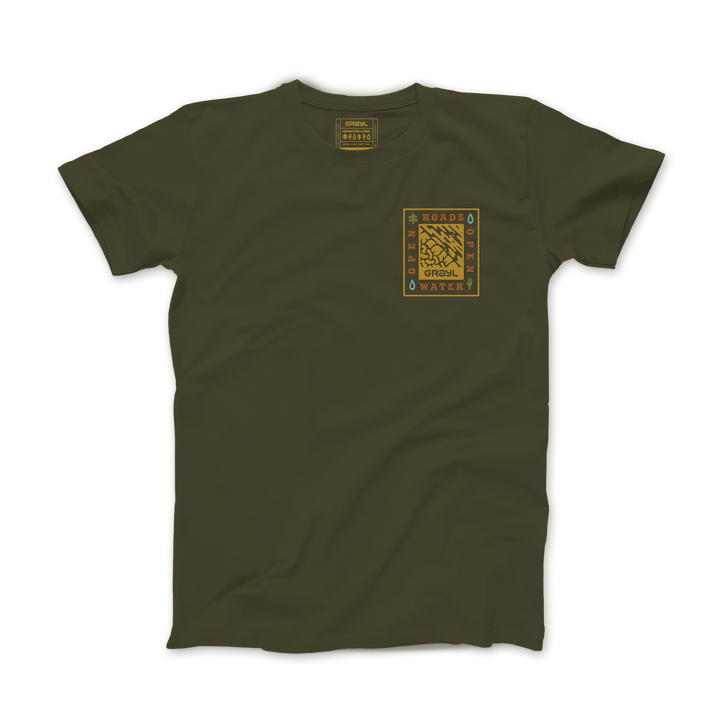 Grayl "Open Roads, Open Water" Custom Multi-Color Custom Tee Shirt / Front View / Army