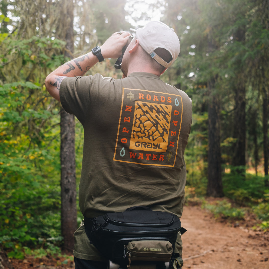 Open Roads. Open Water. Tee - Army - Back