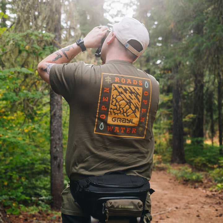 Open Roads. Open Water. Tee - Army - Back