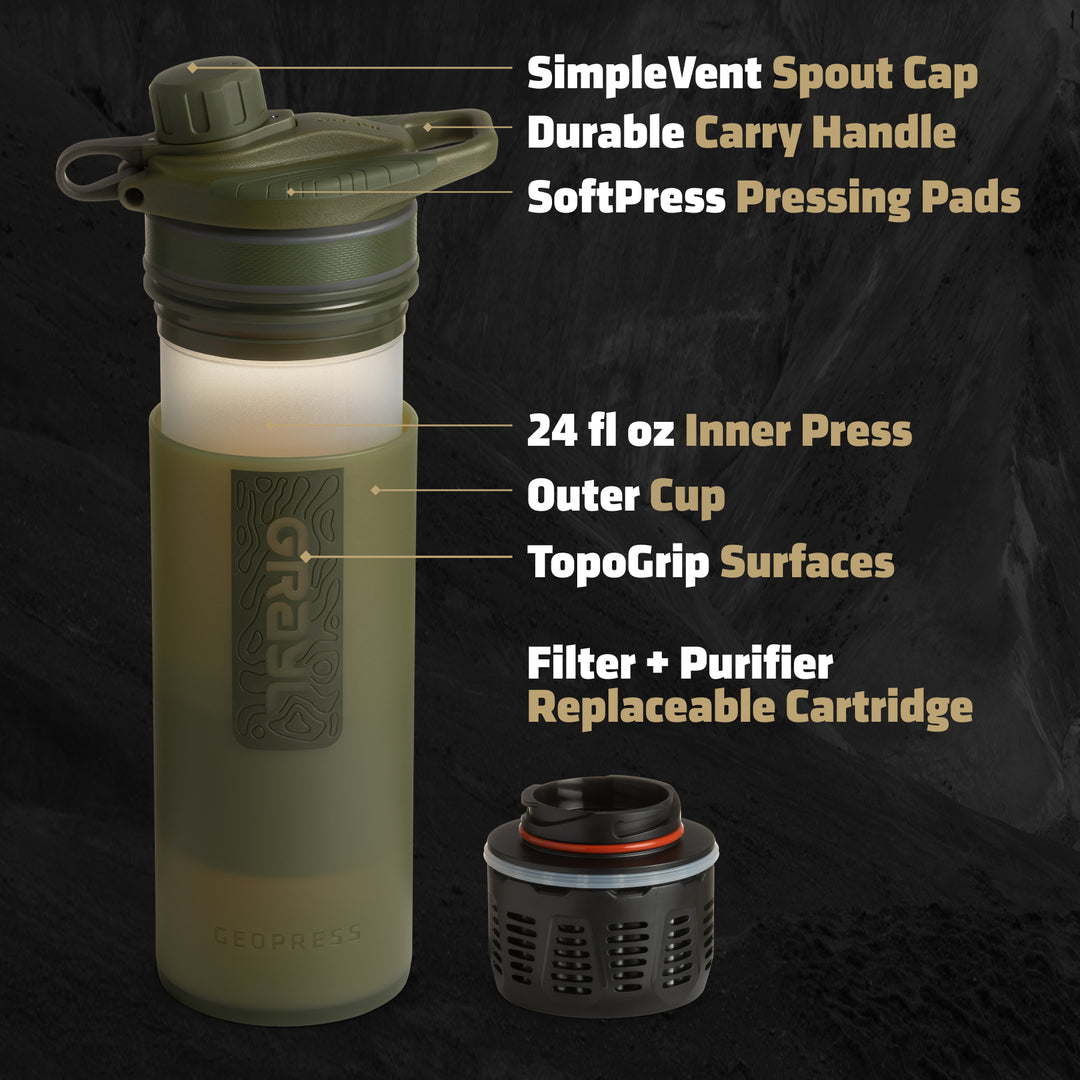 Best top rated Grayl GeoPress Filter and Purifier Water Bottle - 24 Fluid Ounces / Covert Edition / Parts View / Olive Drab