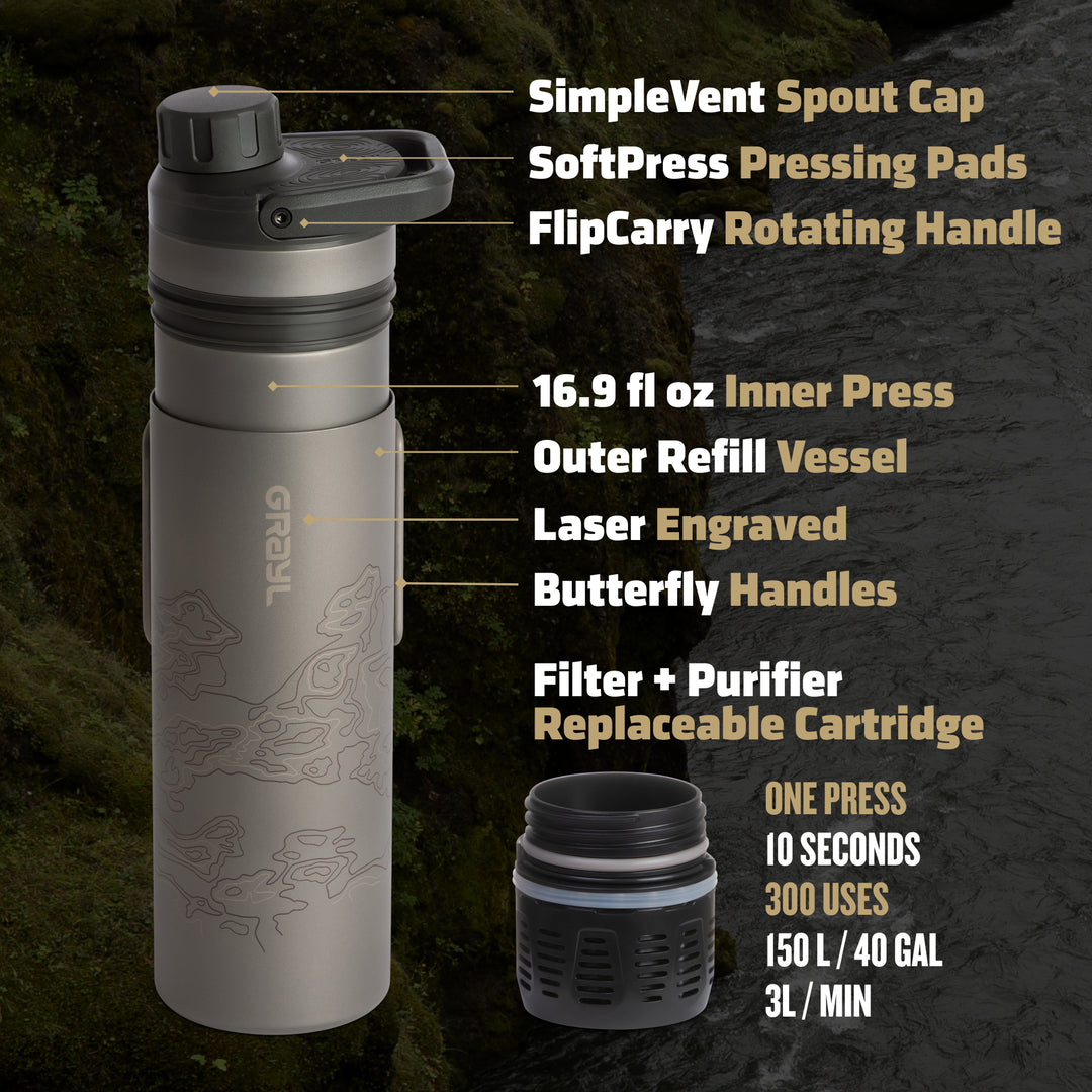 Grayl UltraPress Titanium Filter and Purifier Water Bottle – 16.9 Fluid Ounces / Covert Edition / Parts View / Covert Black