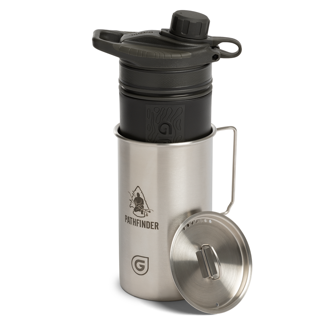 Pathfinder x GRAYL / 30 Ounce GeoPress Stainless Steel Nesting Cup with Nested 24 Ounce GeoPress Filter & Purifier Water Bottle / Covert Black