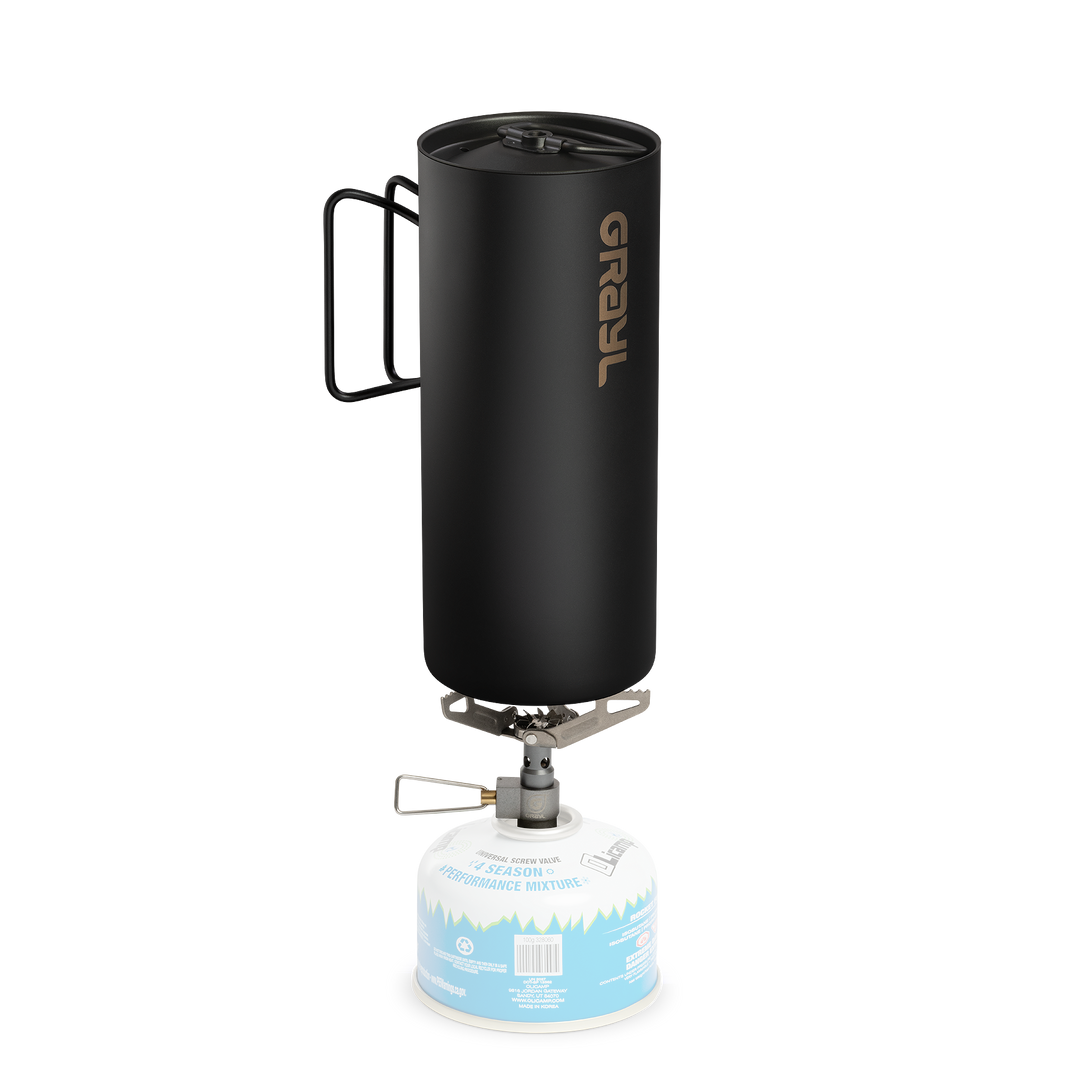 Ultralight Titanium Camp Stove / 28 grams / Fuel / GeoPress Titanium Bottle / Black / Fade / Side View