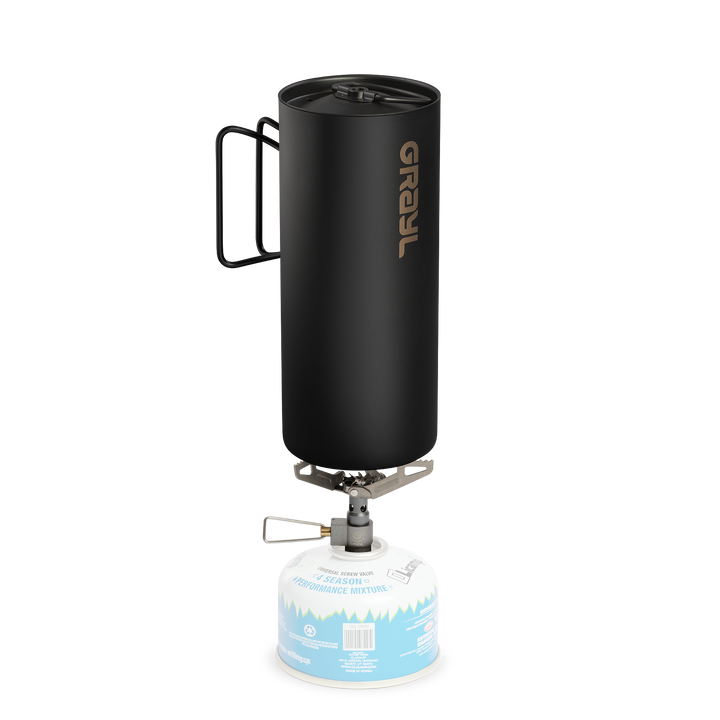 Ultralight Titanium Camp Stove / 28 grams / Fuel / GeoPress Titanium Bottle / Black / Fade / Side View