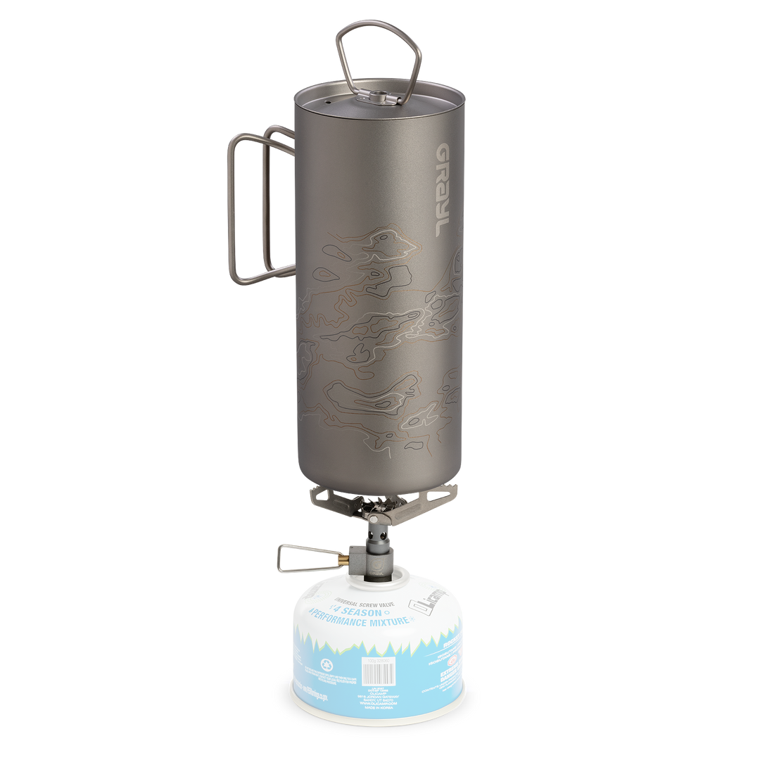 Grayl GeoPress Titanium On Stove / Cart View / Standard / Plus Cook Lid / Covert Black / Olive Drab / Coyote Brown