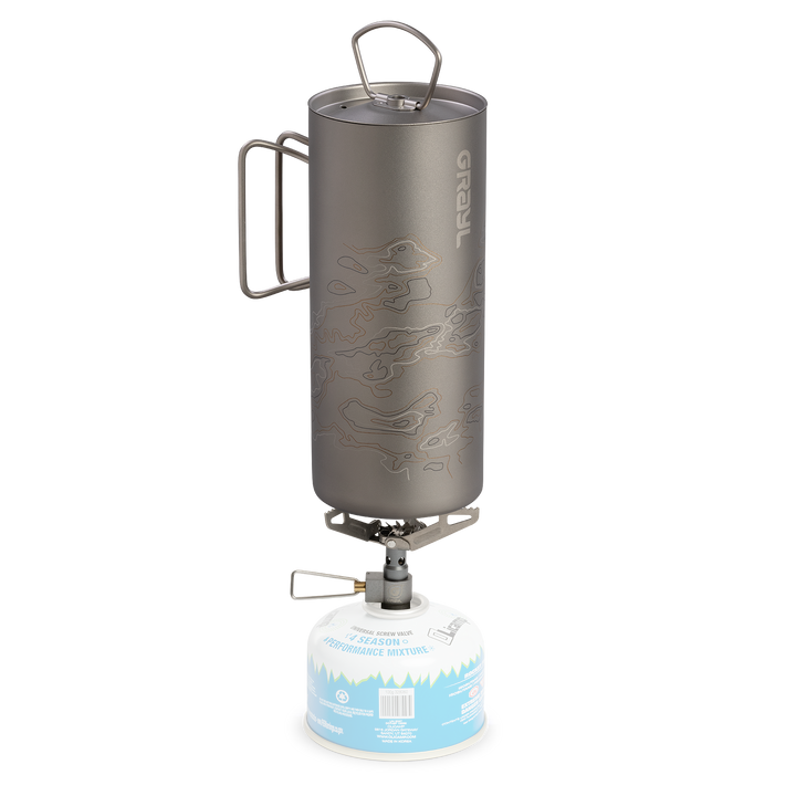 Grayl GeoPress Titanium On Stove / Cart View / Standard / Plus Cook Lid / Covert Black / Olive Drab / Coyote Brown