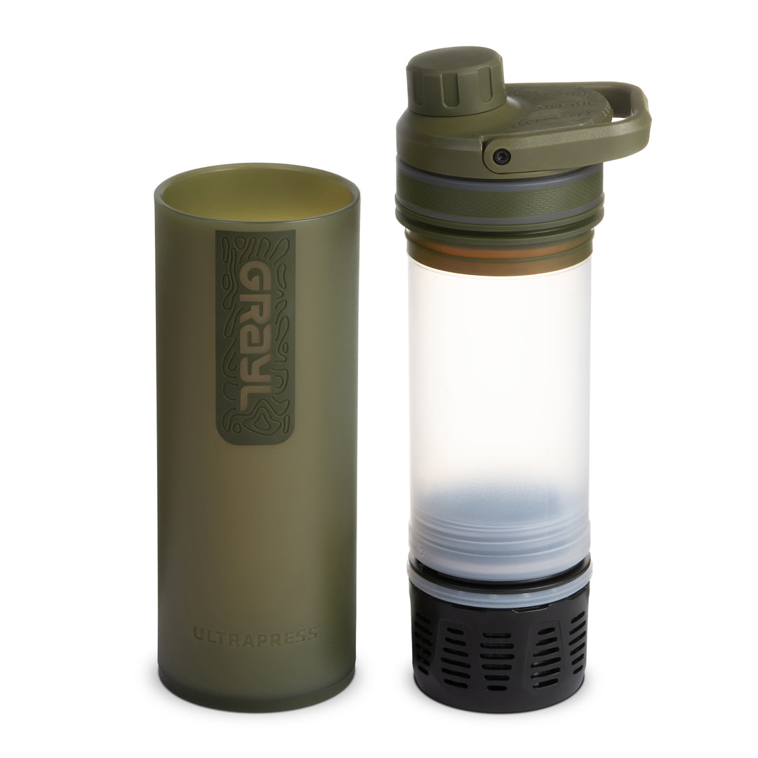 Best top rated Grayl UltraPress Filter and Purifier Water Bottle – 16.9 Fluid Ounces / Covert Edition / Separated View / Olive Drab