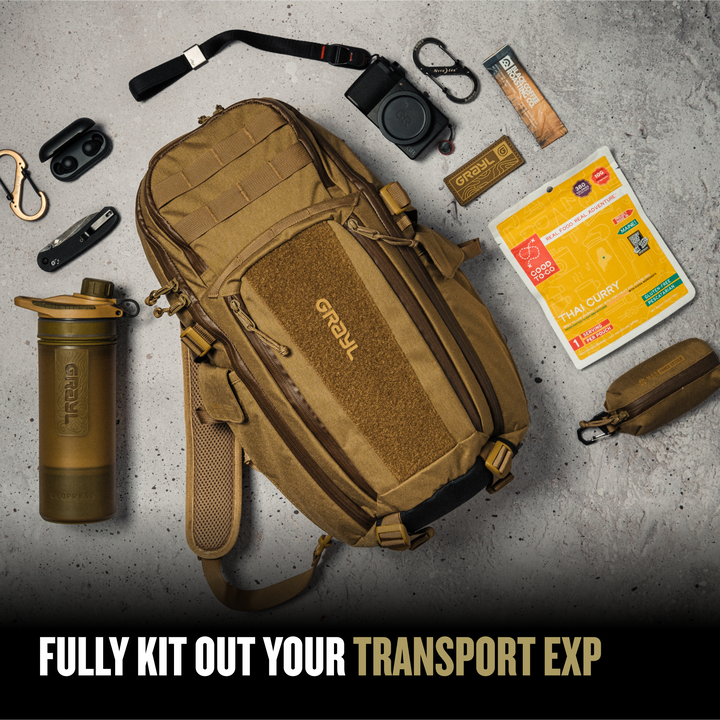 Grayl® Transport Expanse Sling Daypack - 18L / Fully Kit Out Your Transport EXP Sling with GeoPress Camera Knife Good To Go and Instant Coffee / Covert Black / Coyote Brown / Olive Drab / Wander Blue
