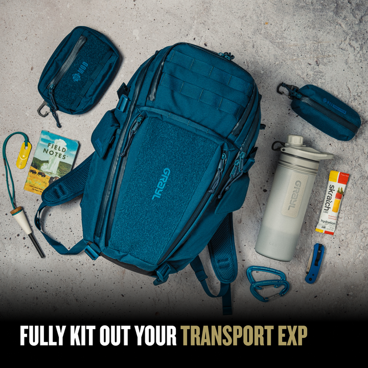 Grayl® Transport Expanse Backpack - 20L / Fully Kit Out Your Mission EXP with GeoPress Electrolytes Field Notes and Flint Starter / Covert Black / Coyote Brown / Olive Drab / Wander Blue