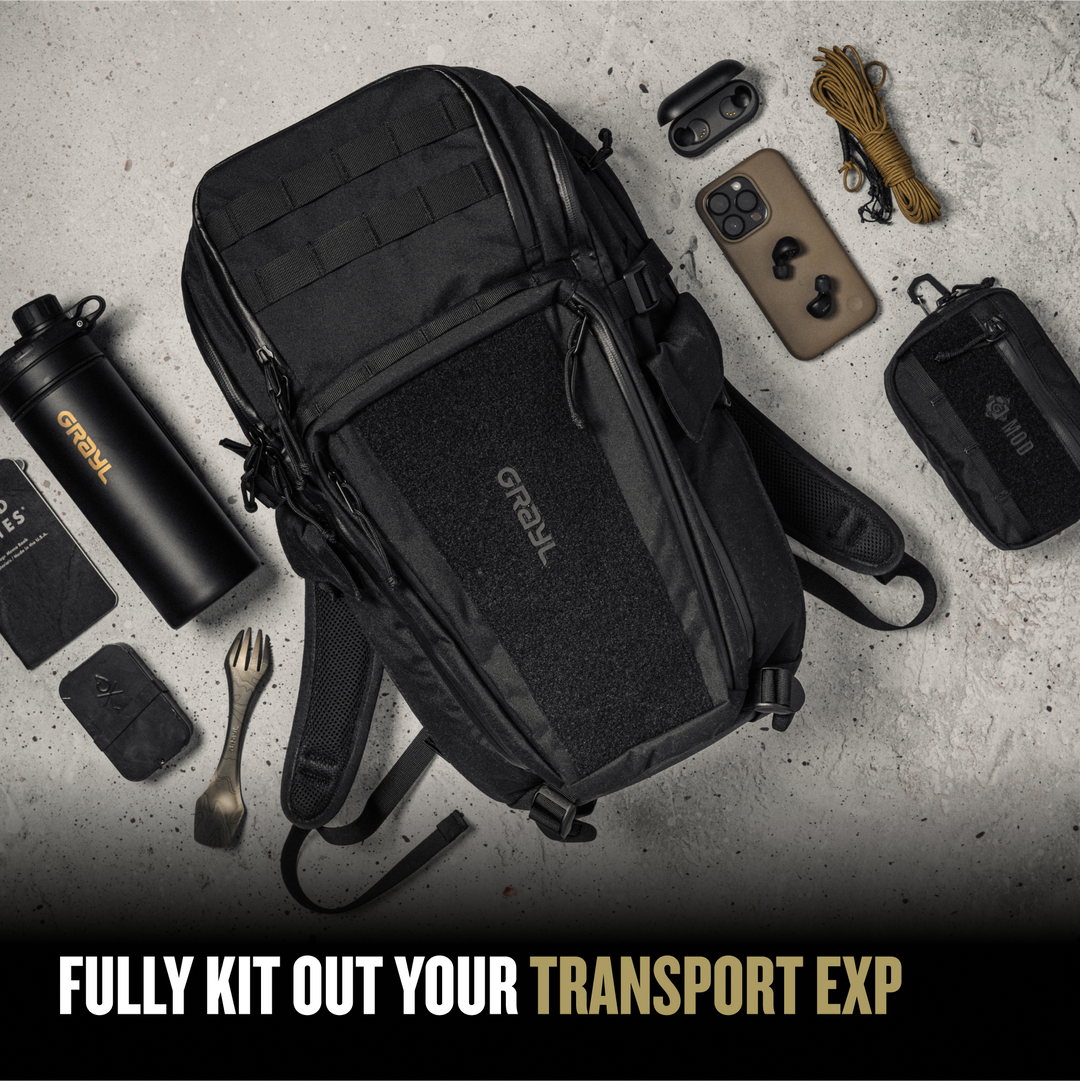 Grayl® Transport Expanse Backpack - 25L / Fully Kit Out Your Mission EXP with Sun Hat Paracord Tree Saw Utility Knife / Covert Black / Coyote Brown / Olive Drab / Wander Blue